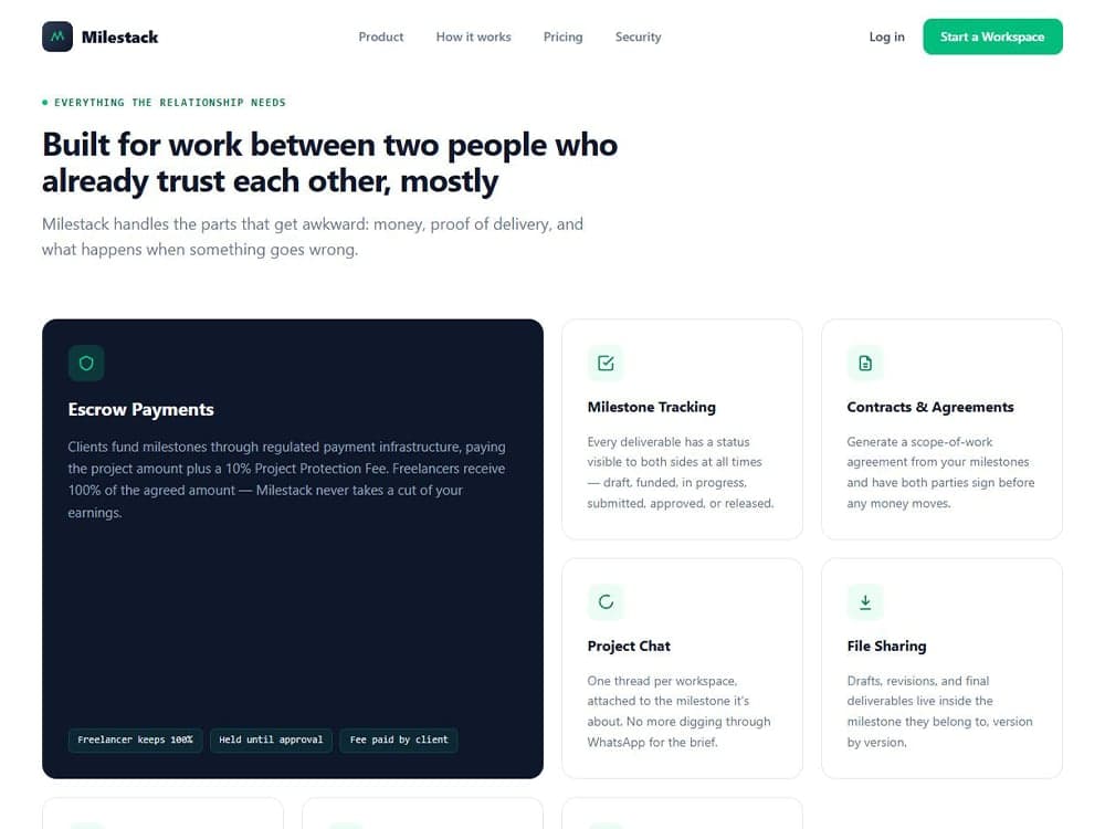 Milestack core features: escrow, milestone tracking, contracts, chat, files